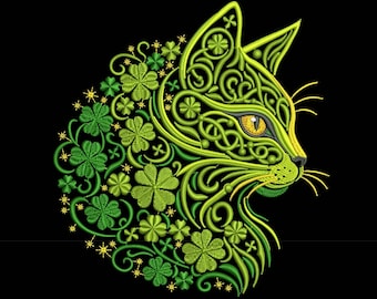 Celtic Green Cat Embroidery Design – Shamrock Floral Machine Embroidery Pattern – St Patrick Cat Art – Instant Download, Cat PES, DST, JEF