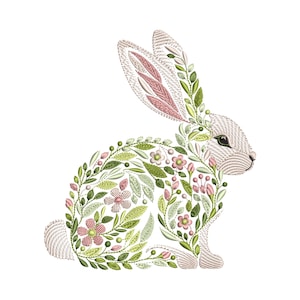 Disegno per ricamo a macchina con coniglietto floreale – Motivo coniglietto pasquale, coniglietto floreale, ricamo coniglietto primaverile, ricamo di animali, disegno pasquale PES