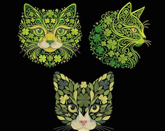 Cat Embroidery Design Set – 3 Floral Cat Faces Machine Embroidery Patterns – Green Ornament Cat Digital Files, Cats Pattern PES DST JEF VP3