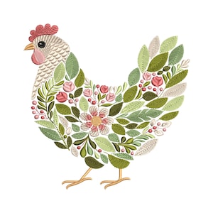 Disegno di ricamo floreale con gallina: Gallina rustica da fattoria, modello di ricamo PES, file scaricabile istantaneamente per regali ricamati.