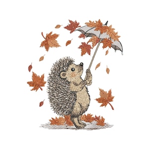 Egel met paraplu, herfst borduurpatroon voor de machine, herfst borduurpatroon voor de machine (PES), bosdieren borduurwerk, bladeren (PES)
