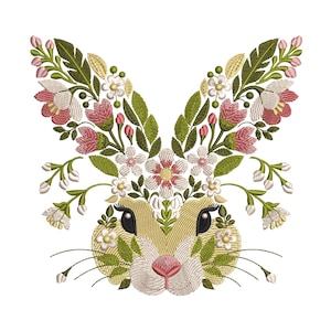 Desenho de bordado à máquina de coelho floral: Animal com folhas em tons pastel, padrão de bordado de coelho em PES, bordado de Páscoa/Primavera, download instantâneo de coelho