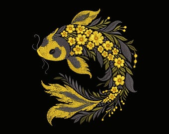 Stunning Gold Koi Fish Embroidery Design, Floral Koi Fish Pattern, Machine Embroidery Files, Carp Embroidery, Floral Embroidery, Fish PES
