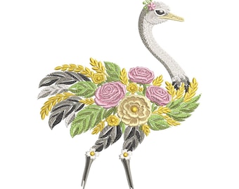 Floral Ostrich Embroidery Design, Botanical Bird Machine Embroidery File, Elegant Nature Pattern, Ostrich Embroidery PES DST JEF Vp3 File