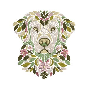Desenho de Bordado Floral Golden Retriever: Padrão de Cachorro com Folhas, Padrão de Bordado de Cachorro em PES DST, Download Digital para Amantes de Animais de Estimação