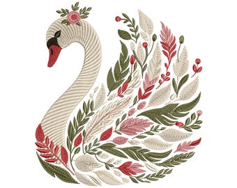 Floral Elegant Swan Embroidery Design – Floral Machine Embroidery Pattern – Instant Download Digital File, Bird Embroidery, Swan Pattern PES