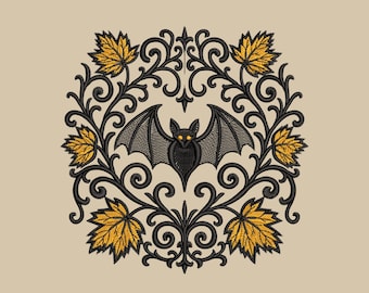 Spooky Gothic Bat Embroidery Design, Halloween Bat with Fall Leaves, Machine Embroidery for Halloween Apparel, Bat Pattern PES, Autumn PES