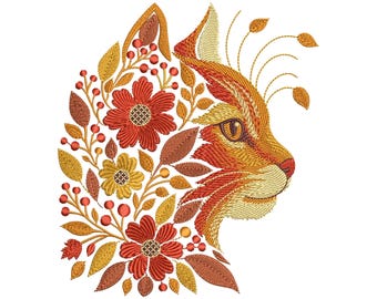 Autumn Ginger Cat Embroidery Design, Floral Machine Embroidery Cat Pattern PES DST, Floral Cat Art Nouveau Pattern, Animal Embroidery PES