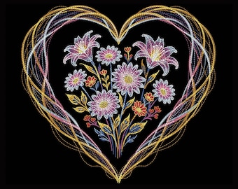 Valentine Neon Floral Heart Embroidery Design, Neon Floral Heart with Frame PES, Flower Heart with Frame Embroidery, Valentine's Embroidery