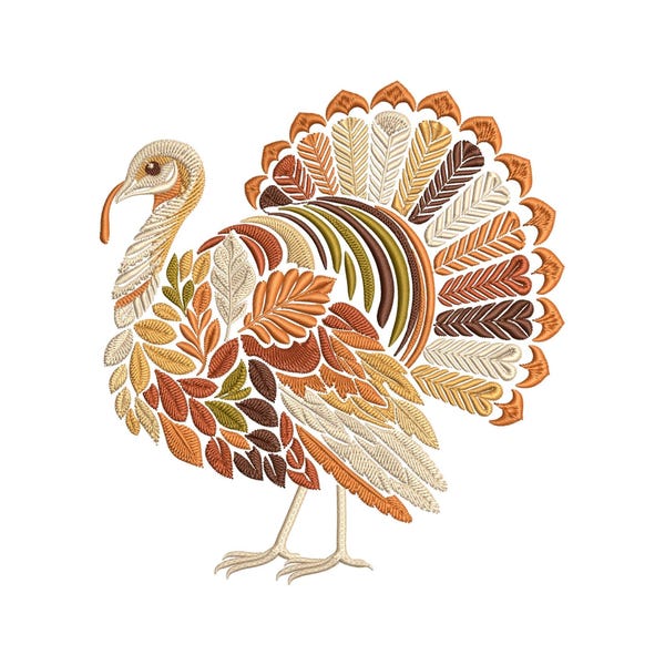 Motif de broderie de dinde d'automne, idéal pour la décoration automnale, Thanksgiving et les cadeaux. Modèle de dinde au format PES.