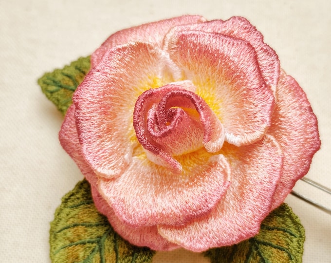 Featured listing image: FSL Rose – Free Standing Lace Machine Embroidery Design, 3D Lace Flower Embroidery with Petals & Leaves, 3D FSL Rose Embroidery, Download