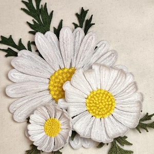 Può includere: Fiori di margherita ricamati con petali bianchi e centri gialli, accentuati da foglie verdi. Il design floreale è adatto per l'artigianato o l'abbellimento, offrendo un'estetica delicata e naturale.