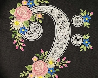 Floral Bass Clef Machine Embroidery Design Music Note Digital File