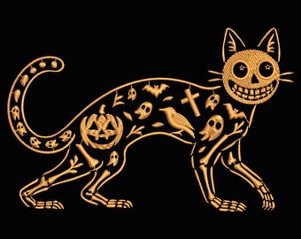 Halloween Skeleton Cat Embroidery Design, Spooky Jack-O'-Lantern Ghost Cat Pattern, Pumpkin Bat Design for Halloween Stitch Projects PES DST