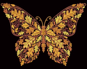 Autumn Oak Leaf Butterfly Embroidery Design, Oak Leaf Fall Machine Embroidery Pattern Hoop 4x4, Fall Butterfly Embroidery PES, DST, VP3 File