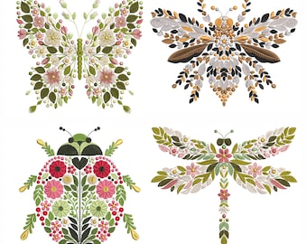 Floral Insect Machine Embroidery Design – Butterfly, Dragonfly, Ladybug, Bee, Floral Insect Digital Pattern – Instant Download PES DST VP3
