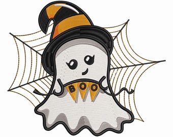 Ghost Embroidery Design, Halloween Embroidery Design,  Cute Spooky Ghost Embroidery Design, Halloween Ghost Embroidery Design with Spiderweb