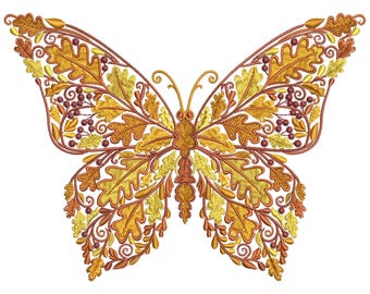 Autumn Oak Leaf Butterfly Embroidery Design, Oak Leaf Fall Machine Embroidery Pattern Hoop 4x4, Fall Butterfly Embroidery PES, DST, VP3 File