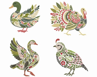 Farm Birds Floral Embroidery Set – Turkey, Goose, Duck & Quail Machine Embroidery Designs, Floral Bird Embroidery PES, Botanical Embroidery