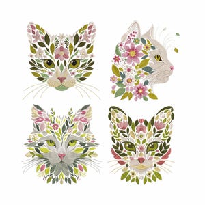 Floral Cat Embroidery Set – 4 Beautiful Nature-Inspired Designs for Machine Embroidery, Floral Embroidery, Animal Embroidery, PES, DST, JEF
