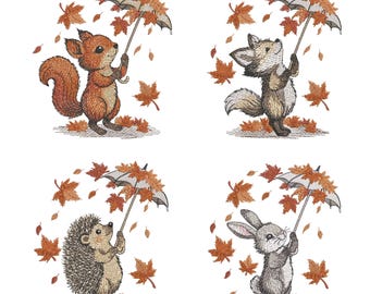 Autumn Animals With Umbrella – Machine Embroidery Design Set, Fox Squirrel Bunny Hedgehog Embroidery Design PES DST, Embroidery For Kids PES