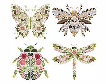 Floral Insect Machine Embroidery Design – Butterfly, Dragonfly, Ladybug, Bee, Floral Insect Digital Pattern – Instant Download PES DST VP3