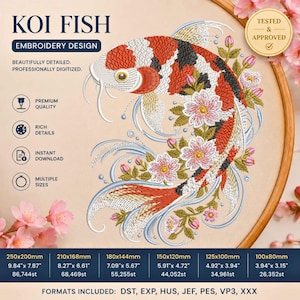 Koi Fish Machine Embroidery Design, Floral Koi Carp Embroidery Pattern, Japanese Fish Digital Download Sakura Embroidery File