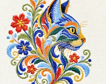 Floral Folk Cat Machine Embroidery Design, Floral Kitten, 6 Sizes, Folk Art Flowers Pattern, Digital Download PES DST JEF