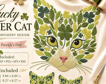 Floral Cat Embroidery Design – Floral Cat Face Machine Embroidery Pattern – St Patricks Day Cat – 4 Leaf Clover Design
