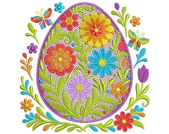 Floral Easter Egg Machine Embroidery Design, Spring Flowers, Easter Decor, Instant Download, Multiple Sizes, Butterfly Embroidery, PES DST
