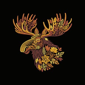 Golden Autumn Moose – Machine Embroidery Design, Elk Embroidery, Moose Pattern Embroidery PES, Autumn Leaves Embroidery, Wildlife Animal DST