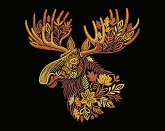 Golden Autumn Moose – Machine Embroidery Design, Elk Embroidery, Moose Pattern Embroidery PES, Autumn Leaves Embroidery, Wildlife Animal DST