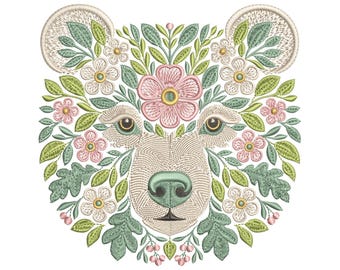 Flower Bear Embroidery Design, Intricate Animal Embroidery design - Unique Nature-Themed Machine Embroidery Pattern - Instant Download PES