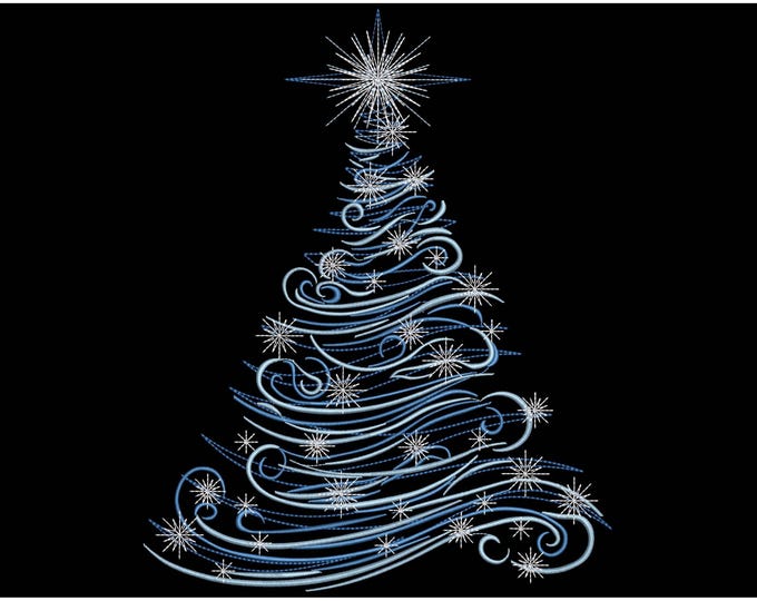 Featured listing image: Blue Christmas Tree Swirl Embroidery Design, Winter Swirl Tree Xmas Machine Embroidery Pattern, Holiday Ornament Pattern, Tree Pattern PES