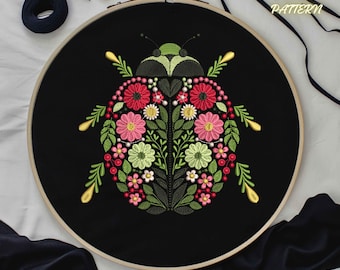 Ladybug Hand Embroidery Pattern PDF • Floral Beetle Modern Stitch Design • Easy Hoop Art Template • Instant Digital Download, Insect Pattern