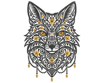 Gothic Fox Embroidery Design, Ornate Fox Embroidery, Mystical Fox Pattern PES, Animal Embroidery, Baroque Fox Embroidery, Tattoo Style Fox