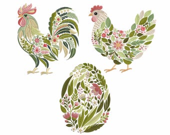 Floral Animal Embroidery Set - Hen, Rooster & Egg - Embroidery Machine Files for DIY Crafts, T-Shirts, Bags, Easter Embroidery, PES DST