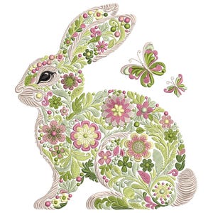 Floral Bunny Embroidery Design - Beautiful Spring Rabbit - Machine Embroidery Patterns - Embroidered Floral Bunny Art, Animal Embroidery PES