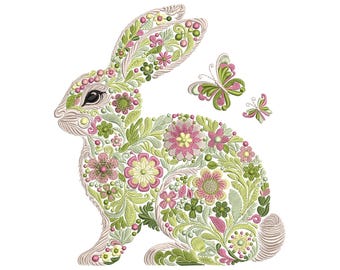 Floral Bunny Embroidery Design - Beautiful Spring Rabbit - Machine Embroidery Patterns - Embroidered Floral Bunny Art, Animal Embroidery PES