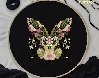 Hand Embroidery Design: Floral Rabbit Pattern, Floral Bunny Pattern, Animal Pattern pdf, png