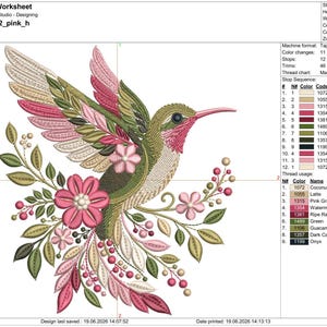 Floral hummingbird machine embroidery design with pink flowers, green leaves, cream feathers and botanical branches.
