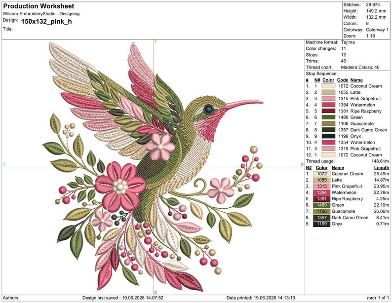 Floral hummingbird machine embroidery design with pink flowers, green leaves, cream feathers and botanical branches.