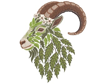 Floral Goat Embroidery Design PES, Botanical Animal Machine Embroidery Pattern, Majestic Goat Embroidery - Nature-Inspired Farm Animal Art!