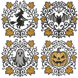 May include: Four Halloween embroidery designs. Each design features a central image within a black, ornate frame with gold-coloured leaves. The images include a witch on a broom, a bat, a ghost, and a jack-o'-lantern.