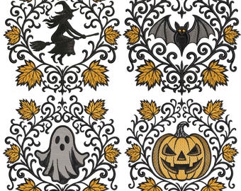 Halloween Embroidery Design Set – 4 Unique Halloween Themed Designs for Machine Embroidery, Pumpkin Ghost Bat Witch Embroidery Pattern PES