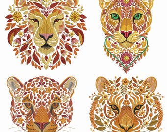 Autumn Animal Embroidery Set, Lion Tiger Jaguar Cougar Machine Embroidery Designs, Fall Wild Cat Embroidery Set, Wildlife Embroidery PES DST