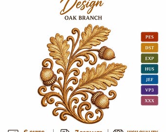 Oak Branch Embroidery Design – Autumn Oak Leaves & Acorns, Fall Machine Embroidery for Seasonal Projects, Instant Download, Oak Pattern PES