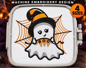 Ghost Embroidery Design, Halloween Embroidery Design,  Cute Spooky Ghost Embroidery Design, Halloween Ghost Embroidery Design with Spiderweb