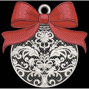 May include: A white, intricately embroidered Christmas ornament with a delicate floral and scroll design. The ornament is topped with a large, textured red bow. The background is solid black.