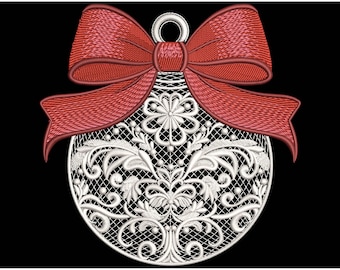 White Christmas Ornament with Red Bow – Machine Embroidery Design, Filigree Holiday Bauble Machine Embroidery Pattern PES, Bow Pattern PES